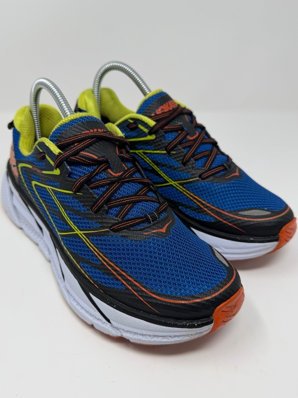 Men’s Hoka Clifton 3 Blue Athletic Running Shoes with Neon Yellow Accents Sz. 7